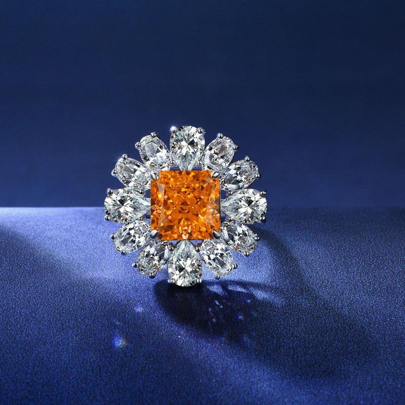 GICA GEMA 100% 925 Ayar Gümüş Akuamarin 10*10mm Zirkon Taş Çiçek Yüzük Kadınlar Için Köpüklü Parti Güzel Takı