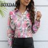 Women'S Simple Shirts New Floral Print Shirts Summer Vintage Lapel Button Tops Elegant Fashion Long Sleeve Blouses Casual