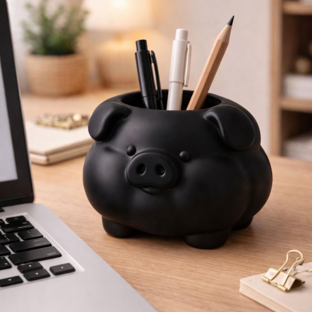 A container in the shape of a plump black pig