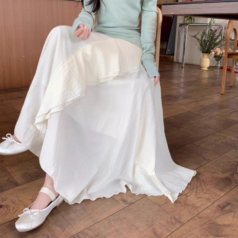 Soft Beige Midi Skirt for Women - Spring/Summer Minimalist Elegant Drape Design Asymmetric Long Skirt