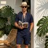 Men's European-American Linen Drawstring Short-Sleeve Shirt & Shorts Set - Breathable Cotton Linen Beach Travel Outfit