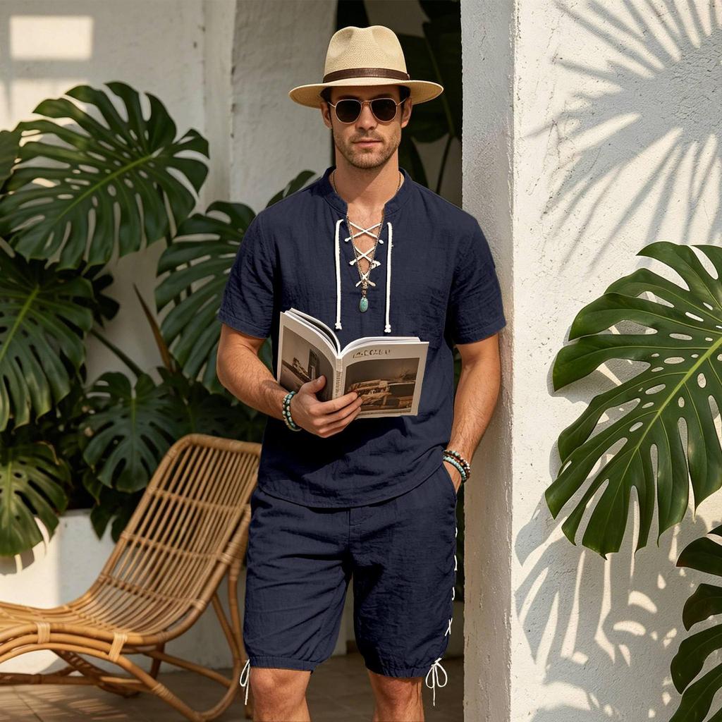 Men's European-American Linen Drawstring Short-Sleeve Shirt & Shorts Set - Breathable Cotton Linen Beach Travel Outfit