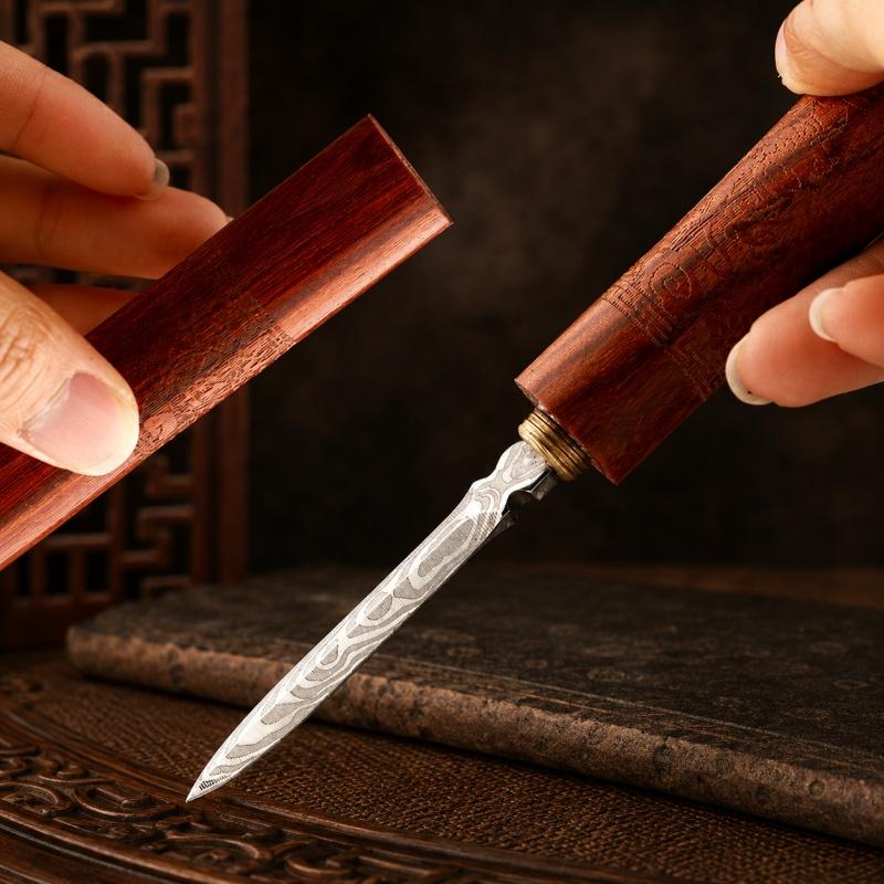 Damascus Steel Tea Knife Ebony Carving Handle Tea Needle Pu'er Tea Cake Brick Prying Tool Tea Set Accessories