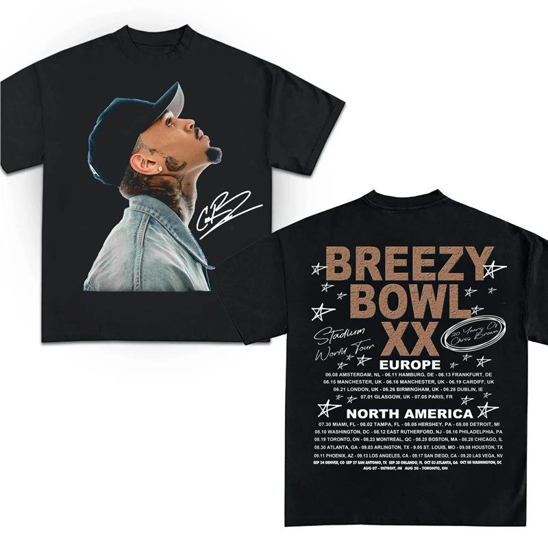 Hip Pop Chris Brown Breezy Bowl XX Concert Tour Cotton TShirt Vintage Short Sleeve Round Neck Print Casual Style for Women Men