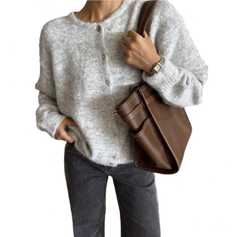 Womens Soft Knit Cardigan With Vintage Button Gray Wool Blend Sweater Outerwear Casual Chic