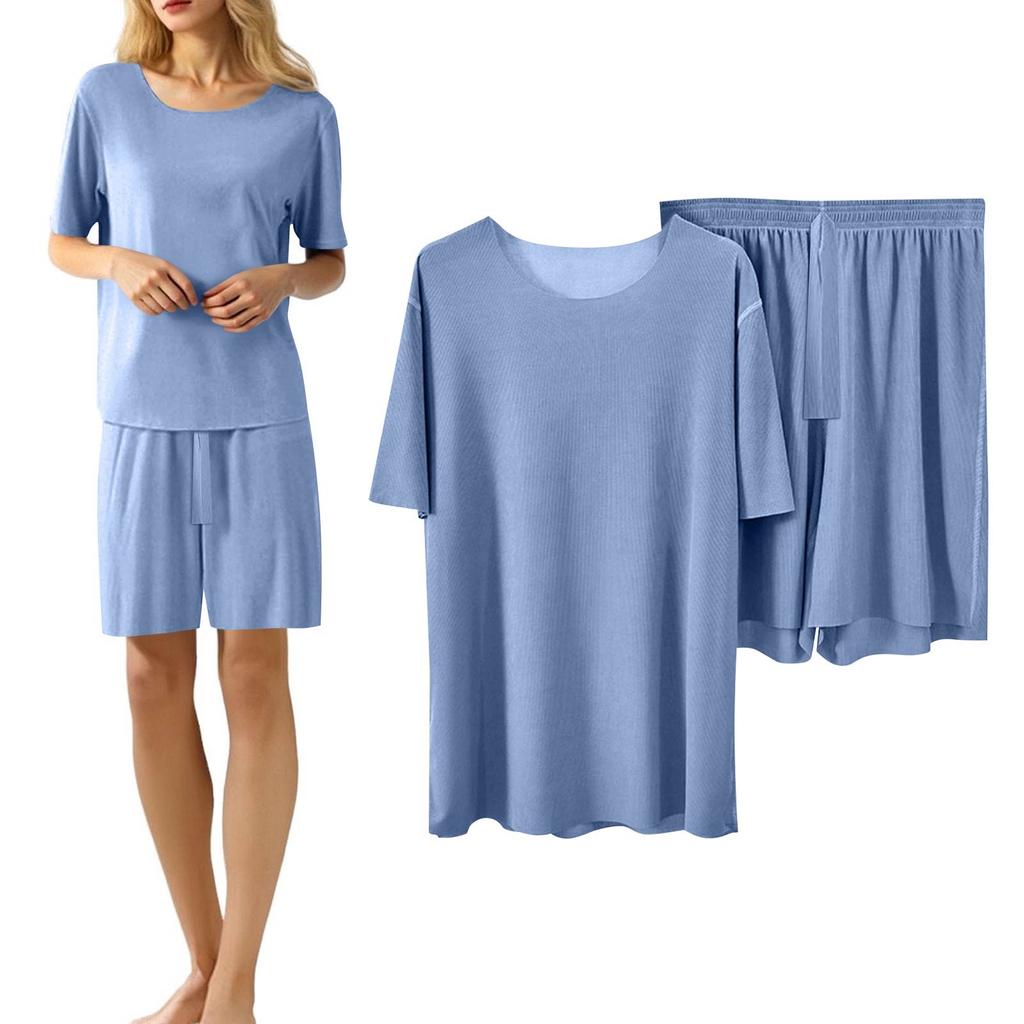Women's Casual Pajama Set Solid Color Short Sleeve Shorts Pants Two Pieces