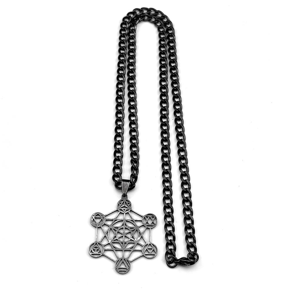 Yoga 7 Chakra Stainless Steel Pendant Necklace Gun Black Color Sacred Geometry Angel Seal Metatron Cube Symbol Chain Jewelry