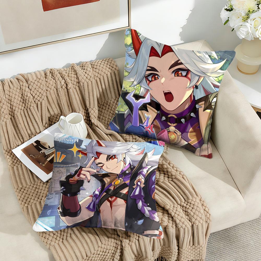 Arataki Itto Genshin Impact Cute Cushion Cover Silky Short Plush Invisible Zipper Dustproof Sofa Pillow Case For Home Decor