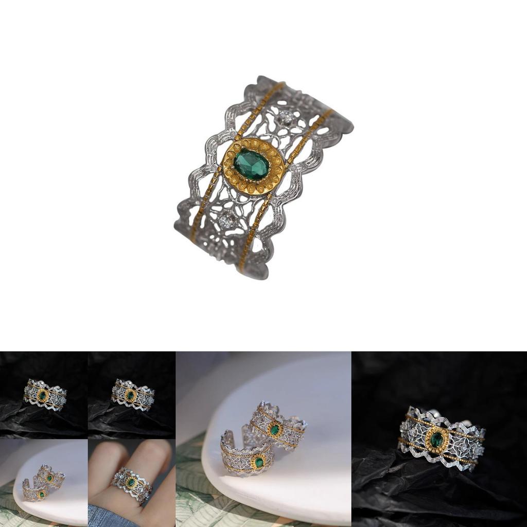 Elegant Luxury Style Open Adjustable Copper Ring For Women With Green Diamonds