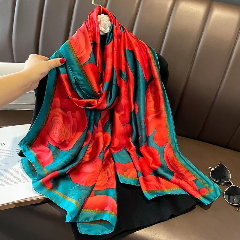 Painting Floral Design 100% Silk Feeling Scarf For Women 180X90Cm Shawl Wraps Luxury Female Hijab Headband Foulard Beach Stoles