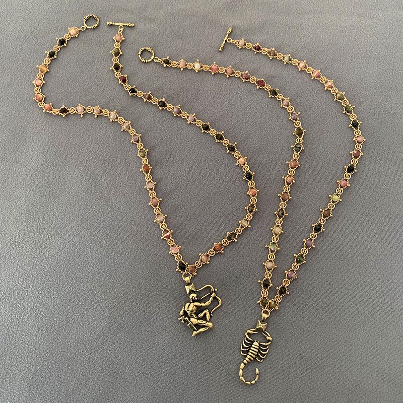 British Retro Tourmaline Handmade Necklace - Gold-Plated Brass with Scorpion Archer Design