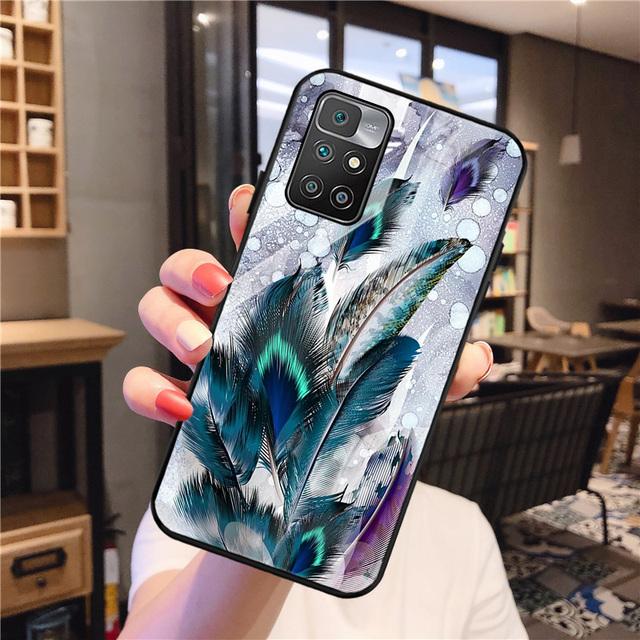 Redmi 9 Fall für Xiaomi Redmi 10 Fall Gehärtetes Glas Abdeckung Redmi 9a 9c Nfc 8a 8 7a 6a Hinweis 8 9 10 Pro Zurück Feder Gemalt Coque