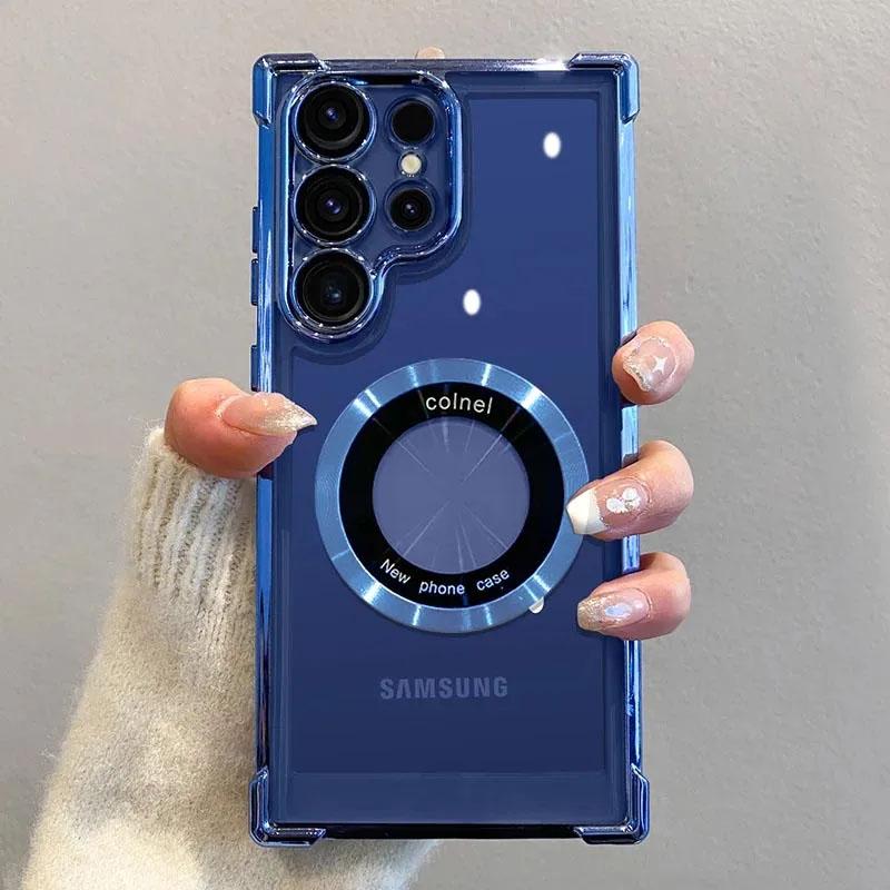 Luxusní pokovený magnetický průhledný kryt pro Samsung Galaxy S25 S24 Ultra S23 FE S22 Plus S21 Note 20 Nárazuvzdorný kryt s ochranou objektivu