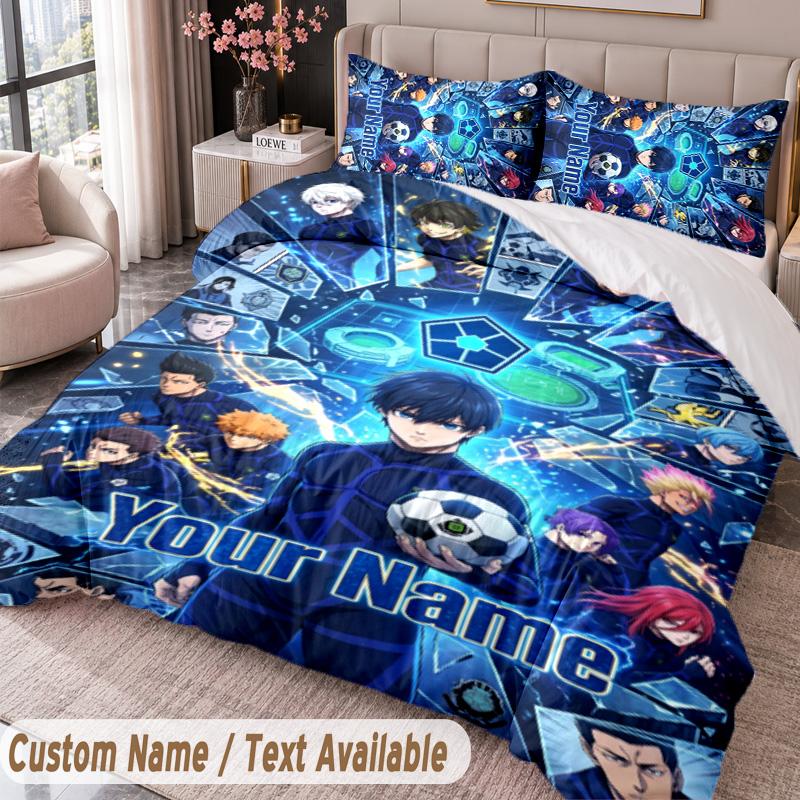 Custom Name Text 3Pcs Bedding Set Blue Lock Duvet Cover And Two Pillowcases