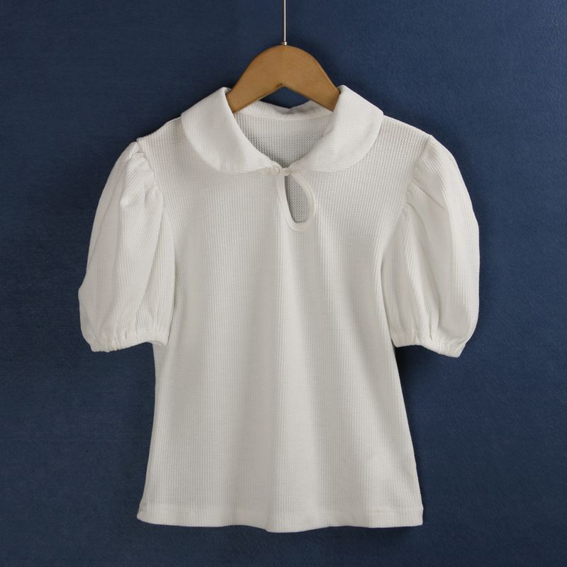 

364 Buckle Short-Sleeved Shirt Summer and Autumn Cotton Lapel Pullover Retro Embossing Pure Color All-Match T-shirt Women s Clothing Export White All yards