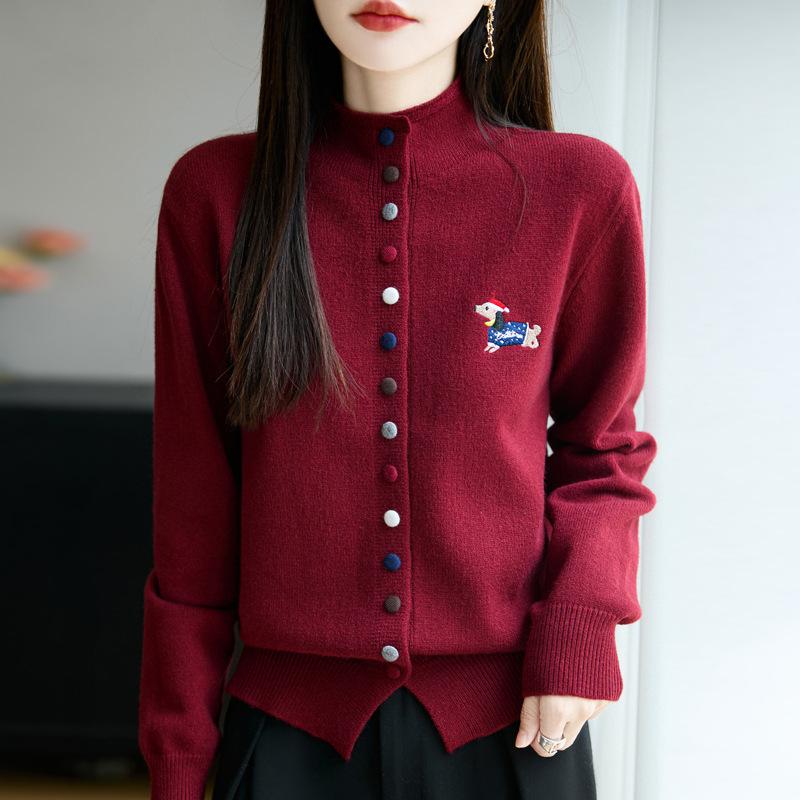 New Autumn and Winter Semi-high-neck Knitted Cardigan Long-sleeved Women's Multicolor Embroidered Dog Loose Sweater