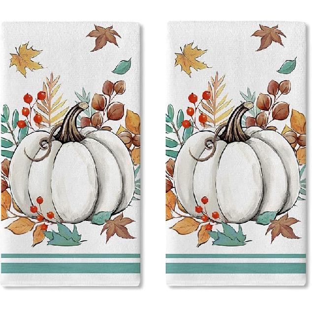 Fall Hello Pumpkin Kitchen Dish Towels Set of 2, Autumn Thanksgiving Buffalo Plaid Drying Hand Towel Baking Cooking Cloth, Polka Dots Seasonal