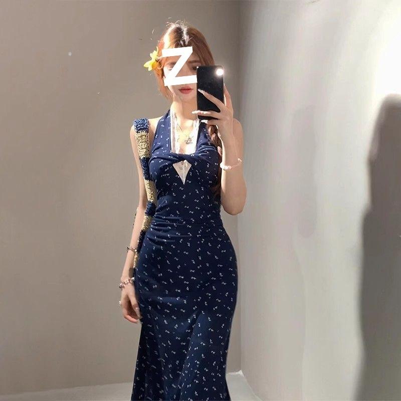 French lace floral neck dress new summer waist temperament design sense niche long skirt S
