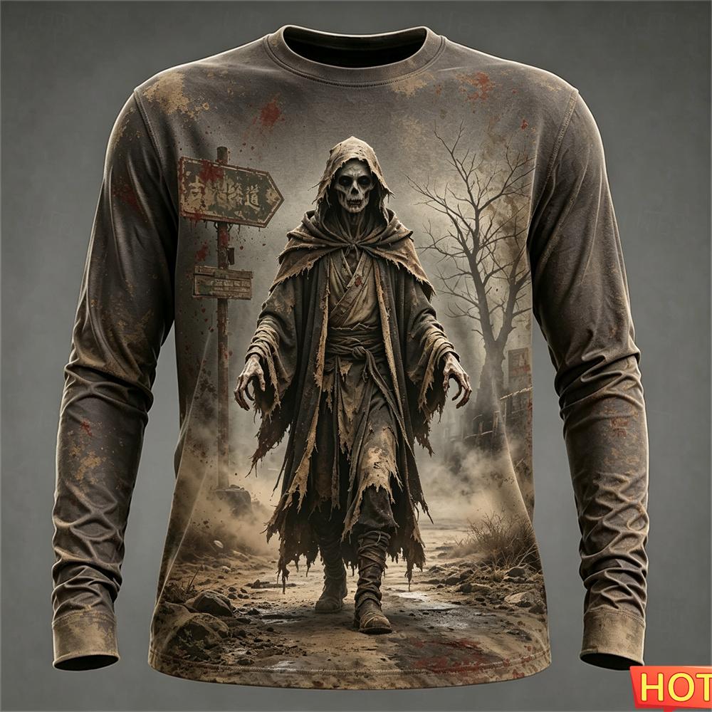 Halloween Zombie T-shirt tops Autumn winter Men's Long sleeved Tshirt Polyester Graphic Halloween Gift T-shirt for men y2k clothing