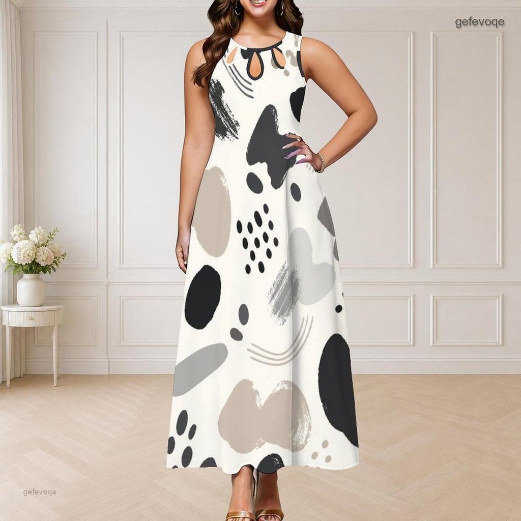 Women Plus Size Round Neck Triple Keyhole Cutout Sleeveless Abstract Printed Long Dress