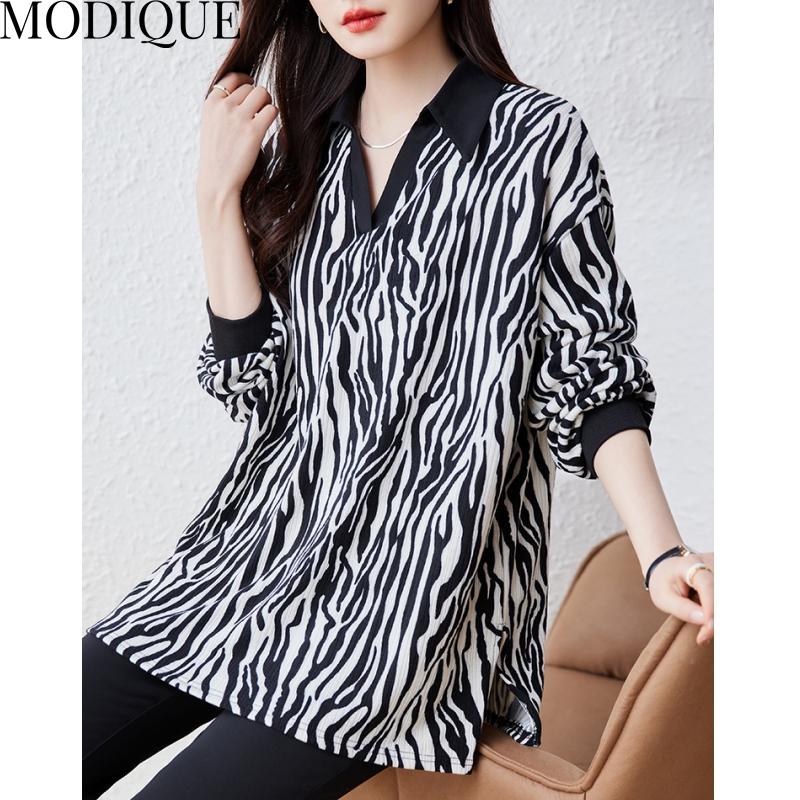 MODIQUE Frühling Sommer Übergröße Neue Damen Lose Vintage Zebrastreifen Bluse Shirts Weibliche Chiffon Casual Übergröße Langarm V-Ausschnitt Top