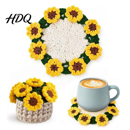 Handmade Cotton Drink Mats Crochet Flower Bouquet Coaster Knit Rose Mug Mat Transforms Into Bouquet 2-in-1 Coffee Nook Table Ornament Coaster