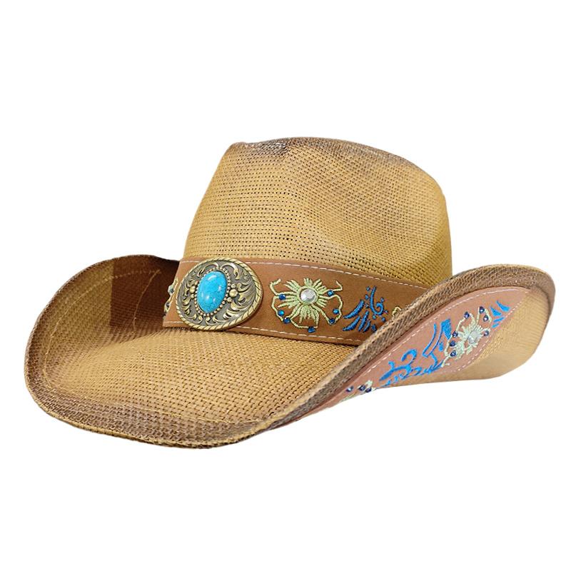 Summer Hard Embroidery Western Cowboy Straw Hat Women Fashion Large Brim Straw Hat Party Outdoor Sunshade Hat Sombrero Vaquero