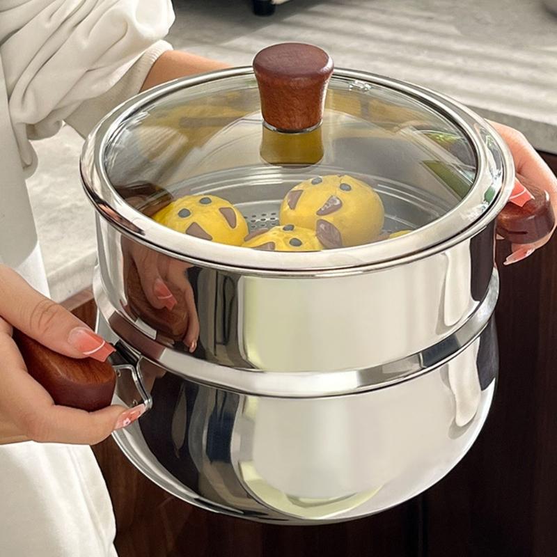 Premium 304 Stainless Steel Double Layer Steamer Pot with Wood Handle Suitable for Efficient and Even Cooking Experience