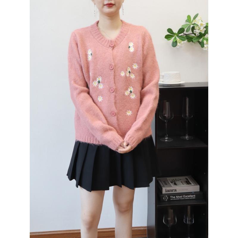 Crew Neck Embroidered Knitted Cardigan Autumn and Winter New Loose Sweet Soft Waxy Gentle Wind Sweater Jacket Women