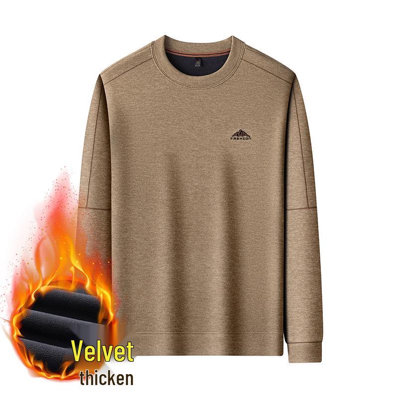 Mid-Aged Men's Winter Plus Velvet Hoodie - Casual, Loose Fit, Round Neck Base Layer Top.