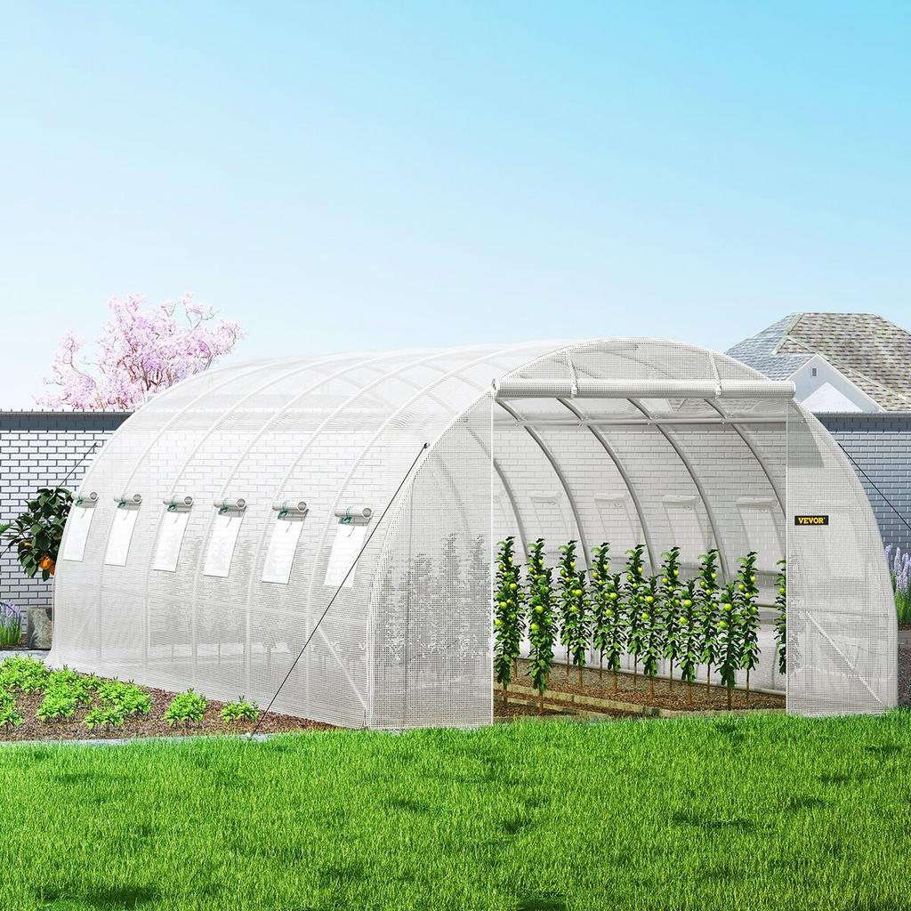 Walk-in Tunnel Greenhouse, 20 x 10 x 7 ft Portable Plant Hot House w/ Galvanized Steel Hoops, 3 Top Beams, 4 Diagonal Poles, 2 Zippered Doors & 12