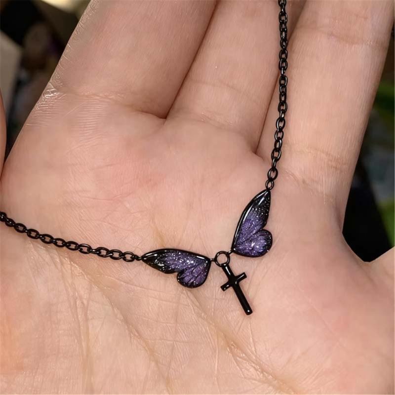Elegant Butterfly Crosses Pendant Necklace Alloy Neckchain Fashion Accessory For Daily Wear Special Occasions