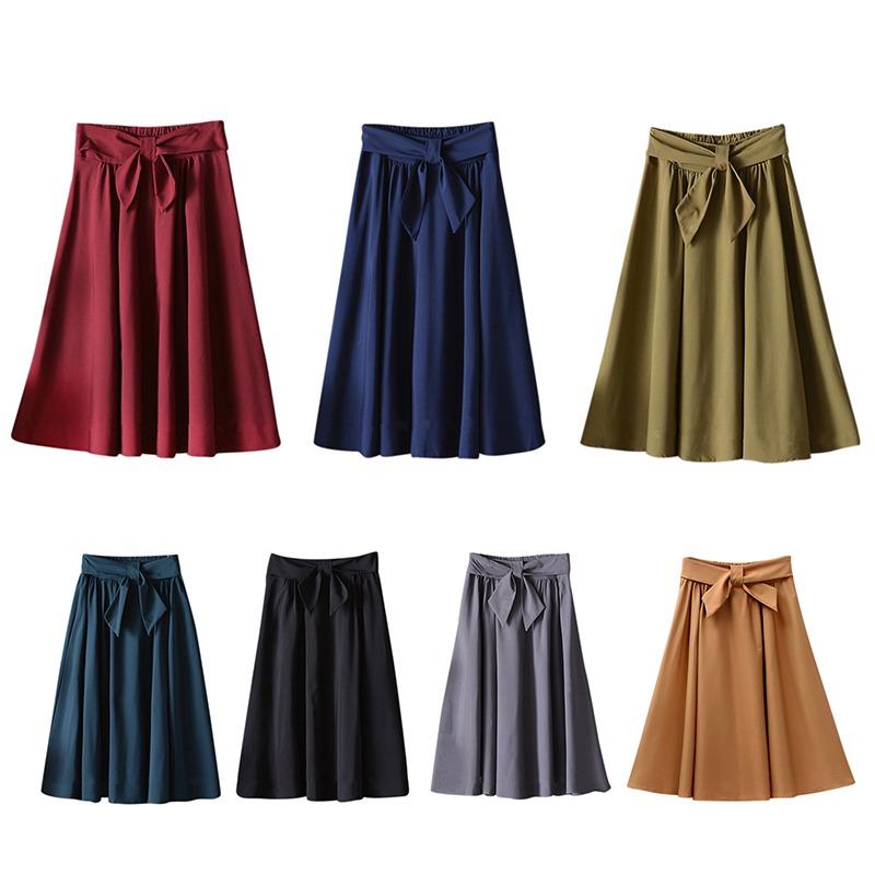 Lady's Elegant High Elastic Waist Pleated Skirts  Casual Bow Mid-calf Skirts