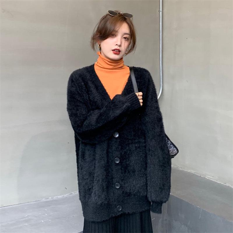 Japanese Style V-Neck Loose Knit Mink Cardigan - Spring/Autumn 2025 Fashion Sweater for Women