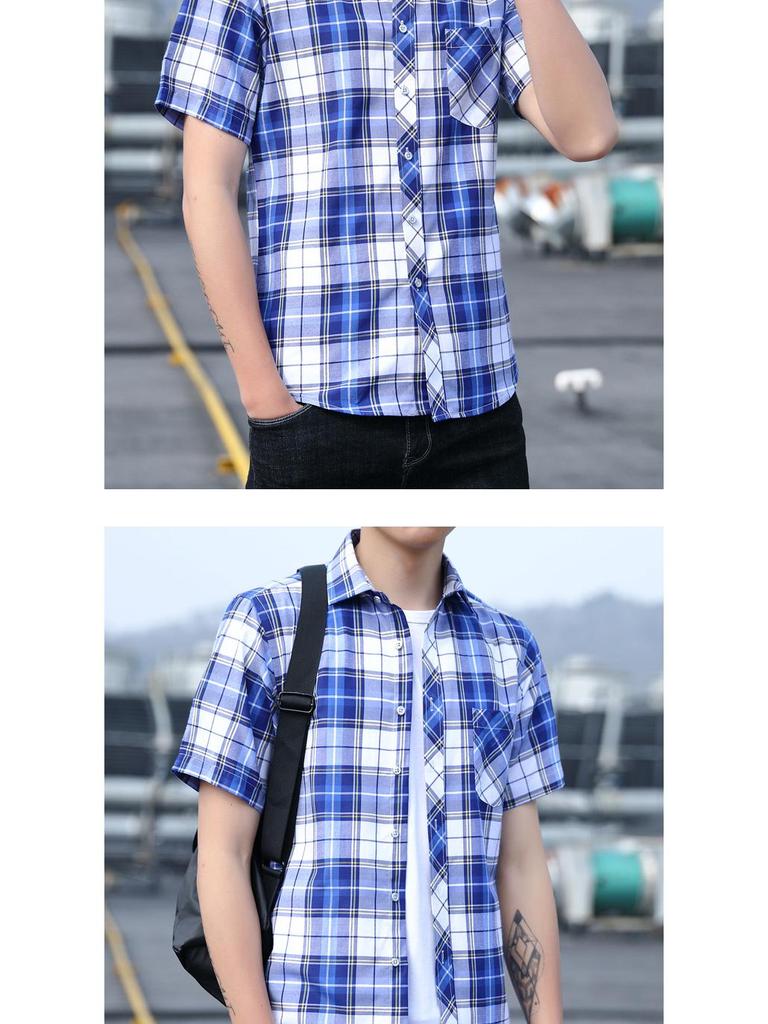 Men's Casual Plaid Japanese Turn-Down Collar Short Sleeve Youth Shirt