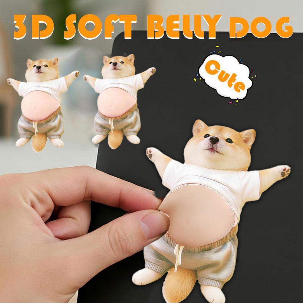 3D Shiba Inu Dog Belly Sticker - Cute Puppy Wearing Orange Outfit with Soft Pink Background, Silicone Self-adhesive