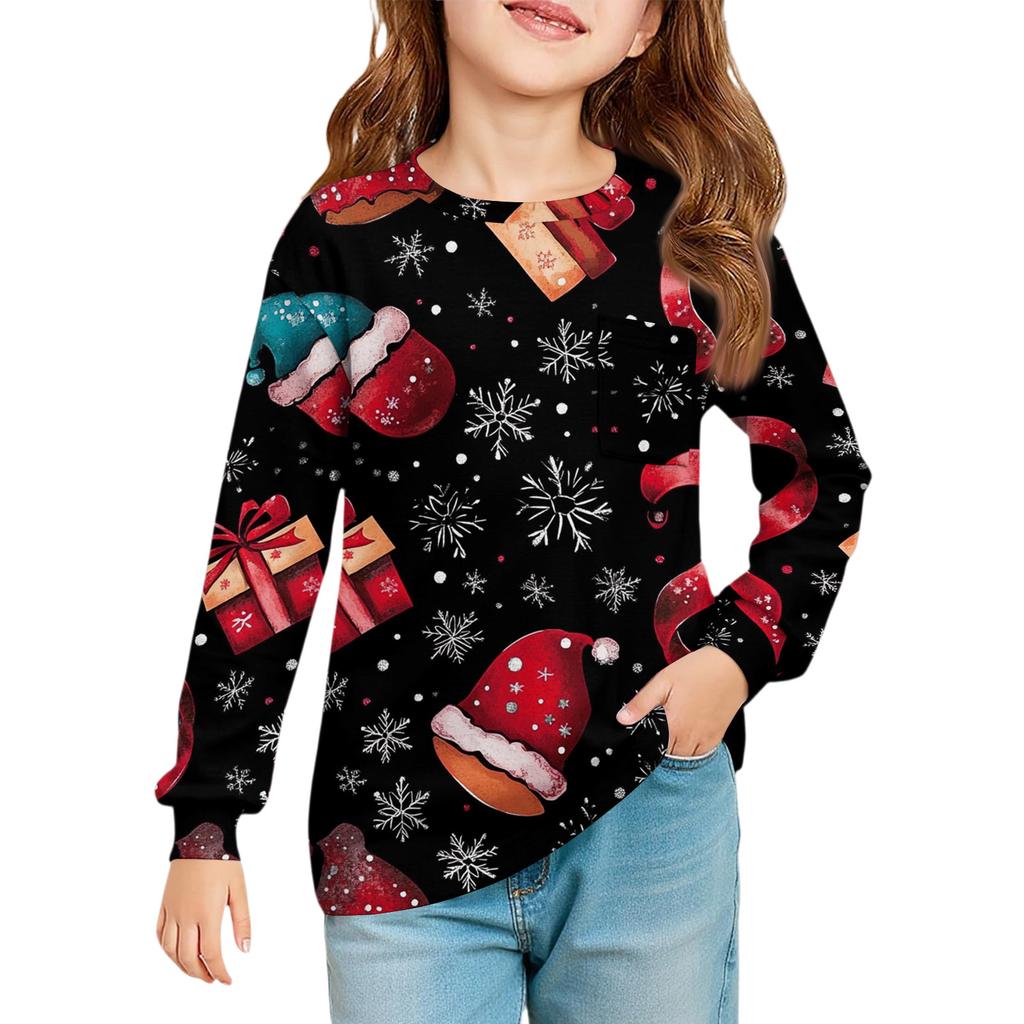 Christmas Day Girls' Long Sleeve Blouse - Round Neck Soft Waist Tunic