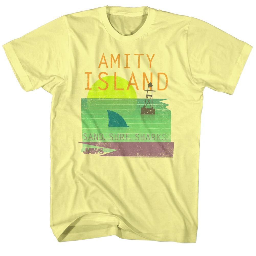 Jaws 70 s Thriller Movie Amity Island Sand Surf Sharks Bouy Men s T Shirt S