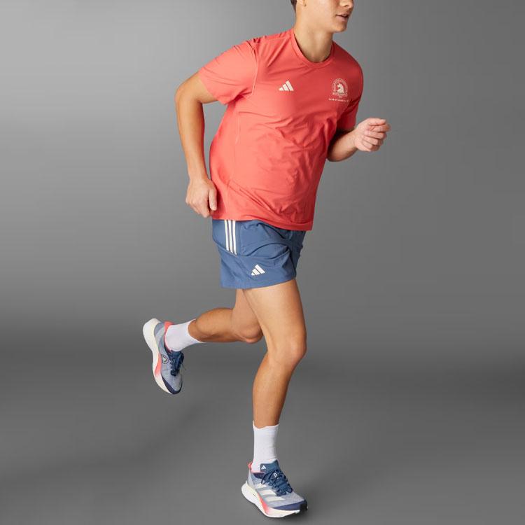 Adidas Boston Marathon 2024 Own The Run Tee Three Stripe Logo Print Crew Neck Short Sleeve T-Shirt Men Tops Red IS9544