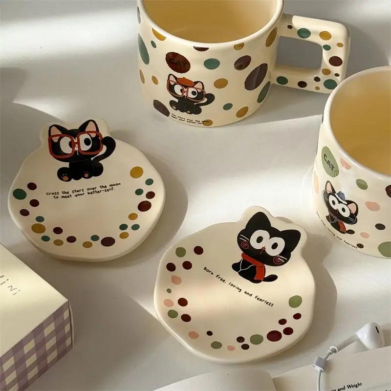 Cat Mug with Lid Polka Dot Ceramic Cup, Cartoon High-value Couple Water Cups Birthday Gift for Girls Birthday Present Drinkware