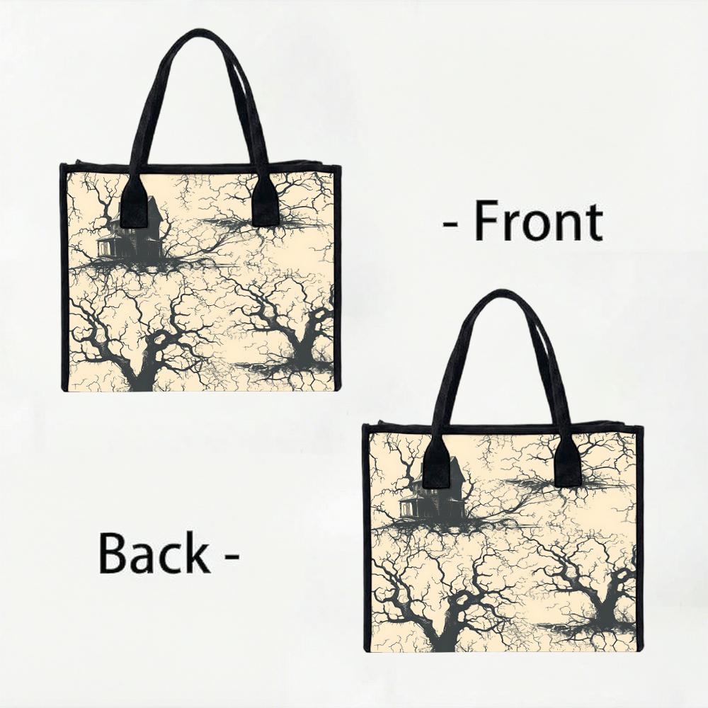 Gothic Tree Print Tote Bag Casual Large Capacity Shoulder Handbag for Daily Use
