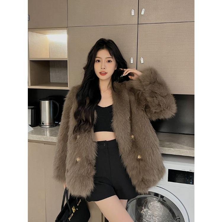 Modischer, umweltfreundlicher, einfarbiger Kunstfuchspelzmantel für Damen mit elegantem Temperament