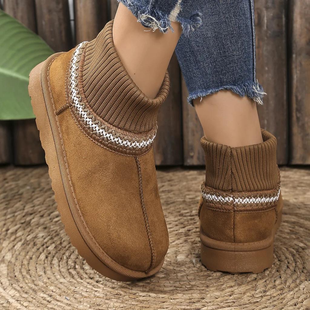 Fashion Warm Knitted Thick Bottom Velvet Snow Boots Women's Fleece Lined Extra Thick Woolen Mouth Snow Boots Winter Round Toe Rubber Sol