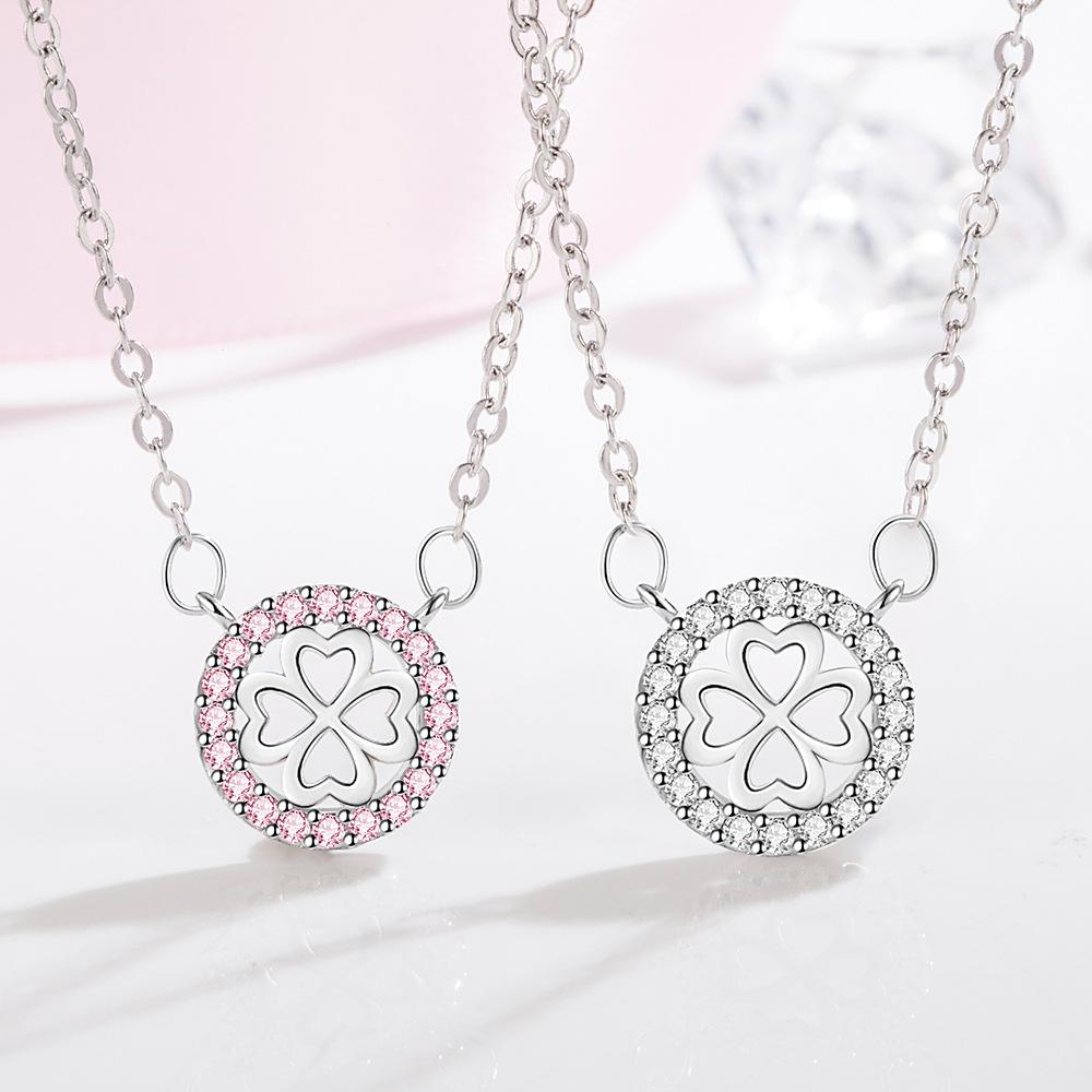 Pink Diamond Leaf Pendant Temperament Lucky Four-Leaf Necklace, Girls, Item Jewelry