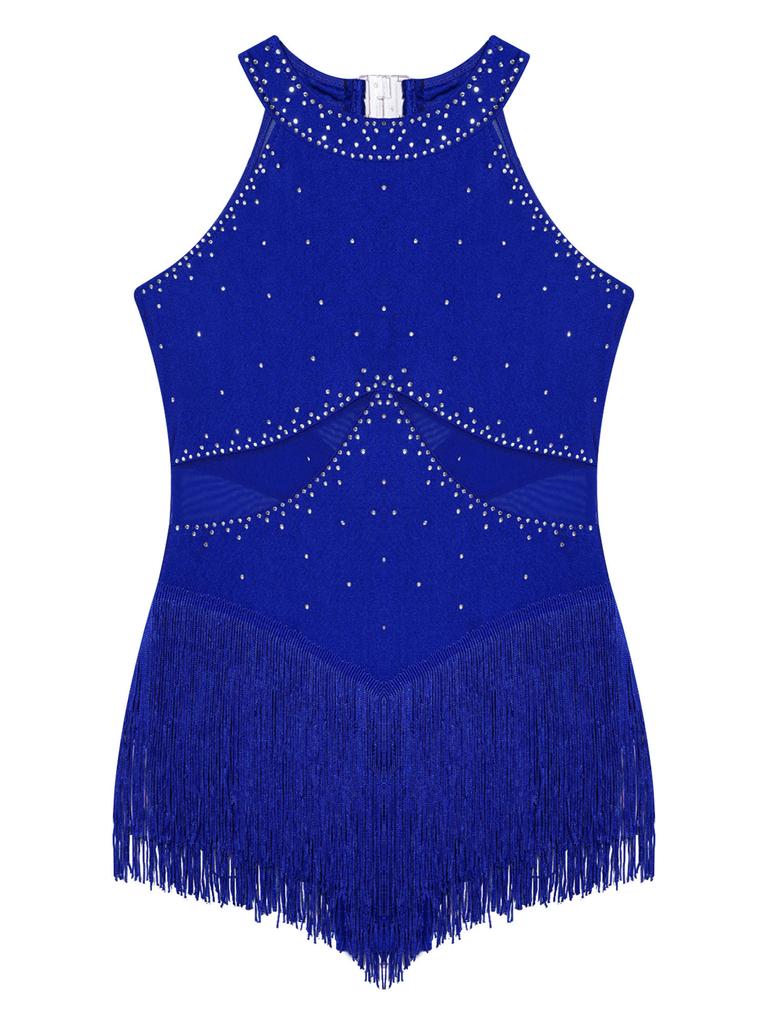Kids Girls Latin Dance Dress Sequin Fringed Tango Salsa Cha Cha Ballroom Ballet Costume Splice Dancewear Tassel Bodysuit