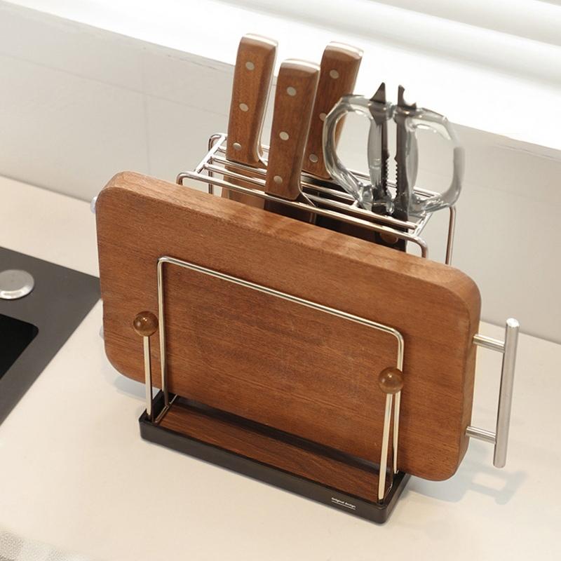 Stainless Steel Knife Holder Multi Function Kitchen Organizer for Knives and Cutting Boards Countertop Storage Rack with Utensil Storage Space