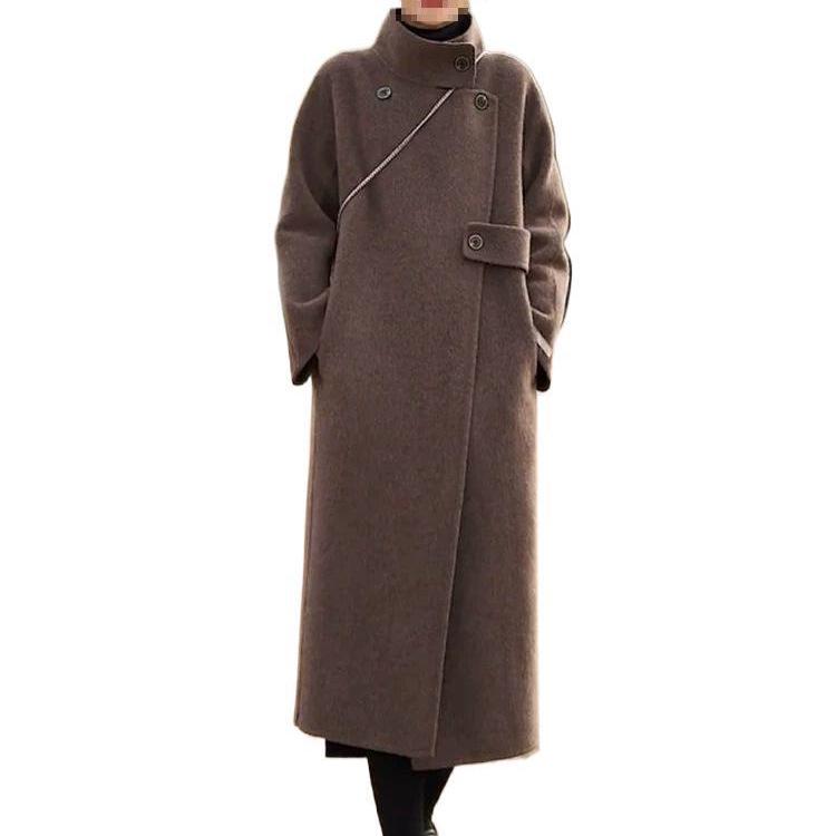 2025 Autumn/Winter Women's Wool Coat - Korean Hepburn Style with Stand-Up Collar