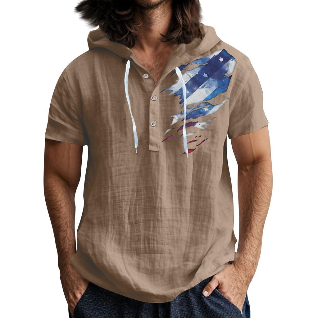 Men'S Casual Short Sleeved Hooded Top Buttoned Open Neck T-Shirt