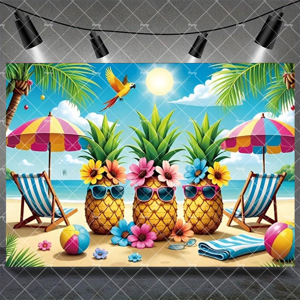 Hawaiian Tropical Summer Beach Background with Flamencos, Flowers, Aloha, Luau, Surfboard, for Parties, Photographic Studio Decoration