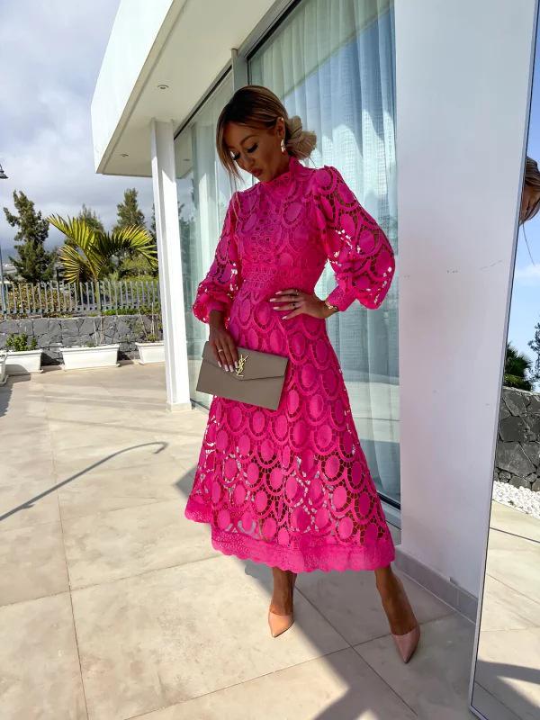 Vestido de Encaje Francés de Primavera 2024 con Manga Abullonada y Cuello Mao – Elegante, Diseño Largo que Estiliza la Cintura